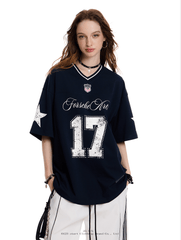 Oversized “17” print Jersey V - Neck Tee - COPPING THREADS - 0123Start