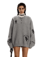 Oversized Gothic Cross Knit Henley Sweater - COPPING THREADS - 0123Start