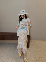 Pastel Cartoon Bunny Tee & Sheer Lace Skirt Set - COPPING THREADS - LulusMiracle