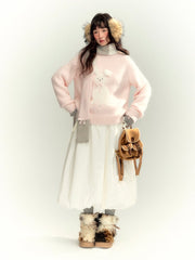 Pink Faux Mink Knit Rabbit Embroidered Pullover Sweater - COPPING THREADS - CHUMMY