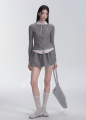 Pink & Gray Plaid Layered Knit Cardigan Set - COPPING THREADS - FRAGILE HEART