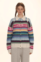 Polo Neck Colorful Stripe Fair Isle Knit Cardigan - COPPING THREADS - MOROMORO