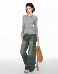 Polo Neck Double Zipper Long Sleeve Knit Sweater - COPPING THREADS - CT Select