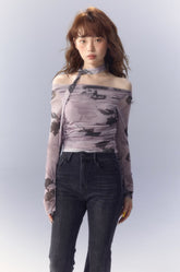 Purple Butterfly Rose Print Mesh Long Sleeve Tee - COPPING THREADS - SUNSETPARK