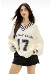 Retro 17 Graphic V - Neck Knit Sweater - COPPING THREADS - CHICISLAND