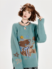 Retro Bear Graphic Handcrafted Round Neck Knit Sweater - COPPING THREADS - CT Select