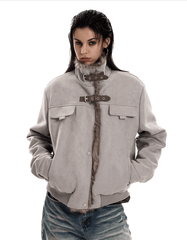 Retro Buckle Collar Faux Suede Puffer Jacket - COPPING THREADS - 0123Start