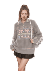 Retro Collared Mohair Heart Bow Knit Sweater - COPPING THREADS - CHICISLAND