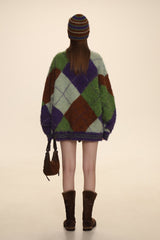 Retro Diamond Check V - Neck Knit Cardigan - COPPING THREADS - MOROMORO