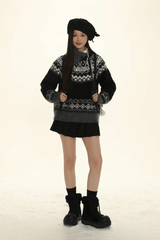Retro Fair Isle Black White Stripe Contrast Knit Sweater - COPPING THREADS - MOROMORO
