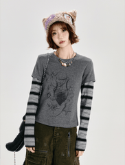 Retro Faux Layered Heart Print Striped Long Sleeve T-Shirt - COPPING THREADS - CT Select