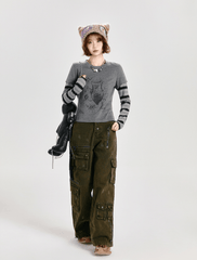 Retro Faux Layered Heart Print Striped Long Sleeve T-Shirt - COPPING THREADS - CT Select