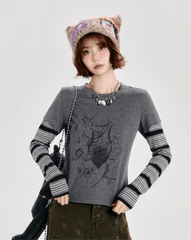 Retro Faux Layered Heart Print Striped Long Sleeve T-Shirt - COPPING THREADS - CT Select