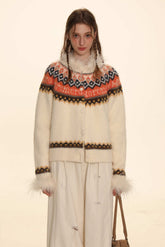Retro Ostrich Feather Patchwork Round Neck Knitted Cardigan - COPPING THREADS - MOROMORO