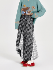 Retro Plaid Lace Panel Asymmetrical Midi Skirt - COPPING THREADS - CT Select