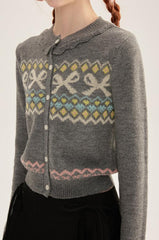 Ruffle Trim Bow Pattern Knit Cardigan - COPPING THREADS - CHICISLAND