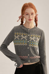 Ruffle Trim Bow Pattern Knit Cardigan - COPPING THREADS - CHICISLAND