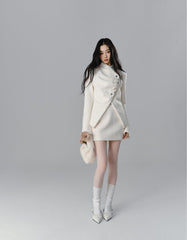Silver Buckle Accents Fuzzy Knit Asymmetrical Placket Sweater - COPPING THREADS - SALTHE