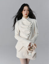 Silver Buckle Accents Fuzzy Knit Asymmetrical Placket Sweater - COPPING THREADS - SALTHE