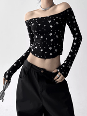 Star Print Off‑Shoulder Ribbed Top - COPPING THREADS - CT Select