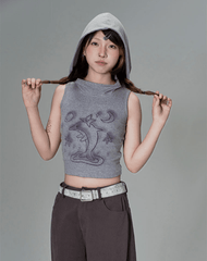Striped Dolphin Graphic Cropped Hoodie Tank Top - COPPING THREADS - CT Coquette