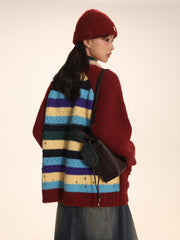 Striped Jacquard Loose Knitted Cardigan - COPPING THREADS - MOROMORO