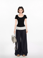 U - Neck Lace Trim Knit Crop Top - COPPING THREADS - CT Select