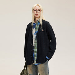 V - Neck Cable Knit Button - Up Cardigan - COPPING THREADS - CATTEE