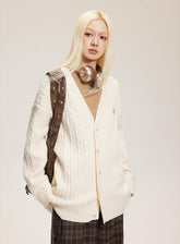 V - Neck Cable Knit Button - Up Cardigan - COPPING THREADS - CATTEE
