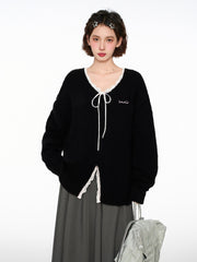 V - Neck Lace Bowknot Pullover Knit Sweater - COPPING THREADS - CT Select