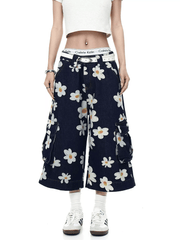 Vintage Daisy Print Denim Cargo Culottes - COPPING THREADS - CT Select