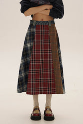 Vintage Denim Waist Color - Block Plaid Wool A - Line Skirt - COPPING THREADS - MOROMORO