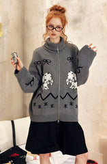 Vintage Dog Bow Pattern Knit Cardigan - COPPING THREADS - CHICISLAND