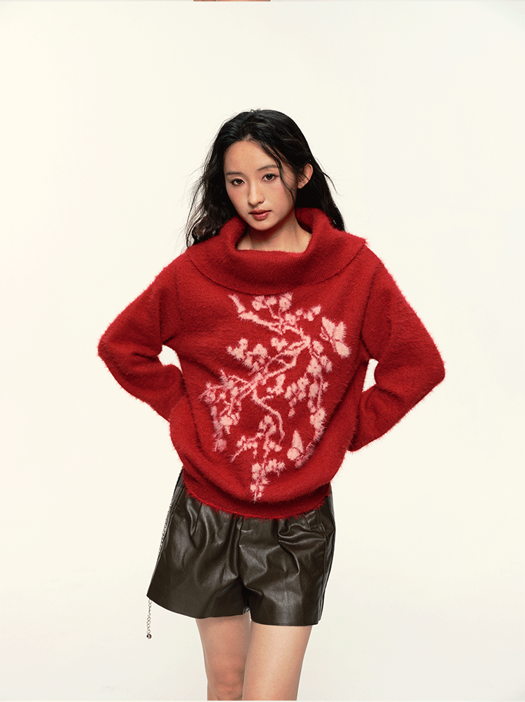 Vintage Flower Jacquard Red Off - Shoulder Sweater - COPPING THREADS - CT Select