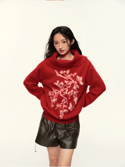 Vintage Flower Jacquard Red Off - Shoulder Sweater - COPPING THREADS - CT Select