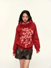 Vintage Flower Jacquard Red Off - Shoulder Sweater - COPPING THREADS - CT Select