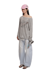 Vintage Hand - Painted Bow Graphic Distressed Off - Shoulder Long - Sleeve Tee - COPPING THREADS - MOROMORO