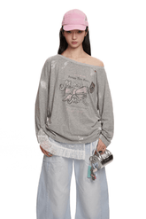 Vintage Hand - Painted Bow Graphic Distressed Off - Shoulder Long - Sleeve Tee - COPPING THREADS - MOROMORO