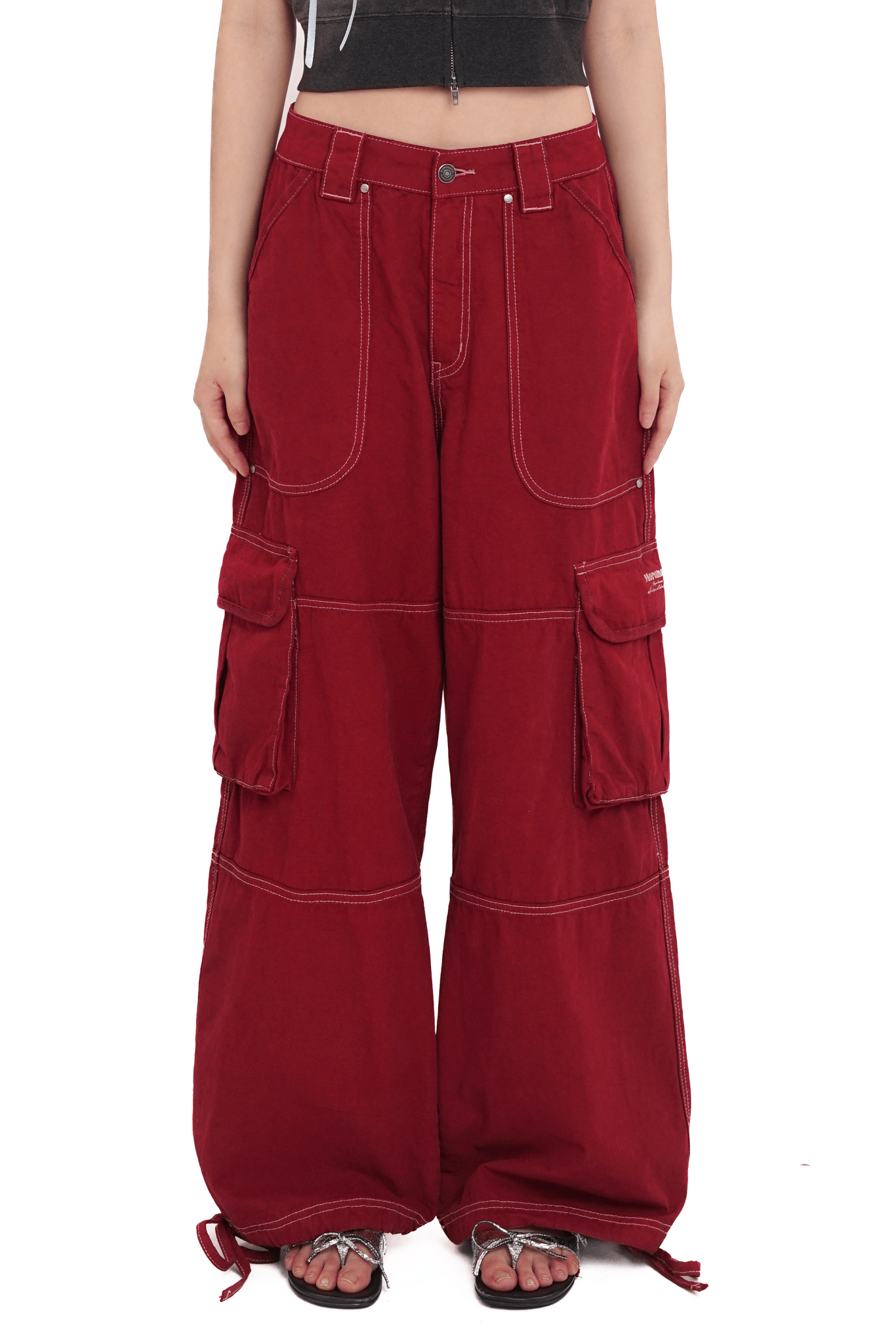 Washed Contrast Stitching Wide - Leg Cargo Pants - COPPING THREADS - MOROMORO