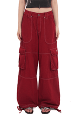 Washed Contrast Stitching Wide - Leg Cargo Pants - COPPING THREADS - MOROMORO
