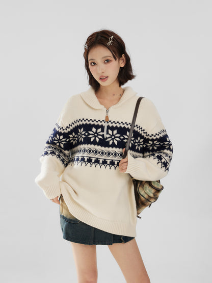 Fair Isle Half-Zip Funnel Neck Knit Sweater