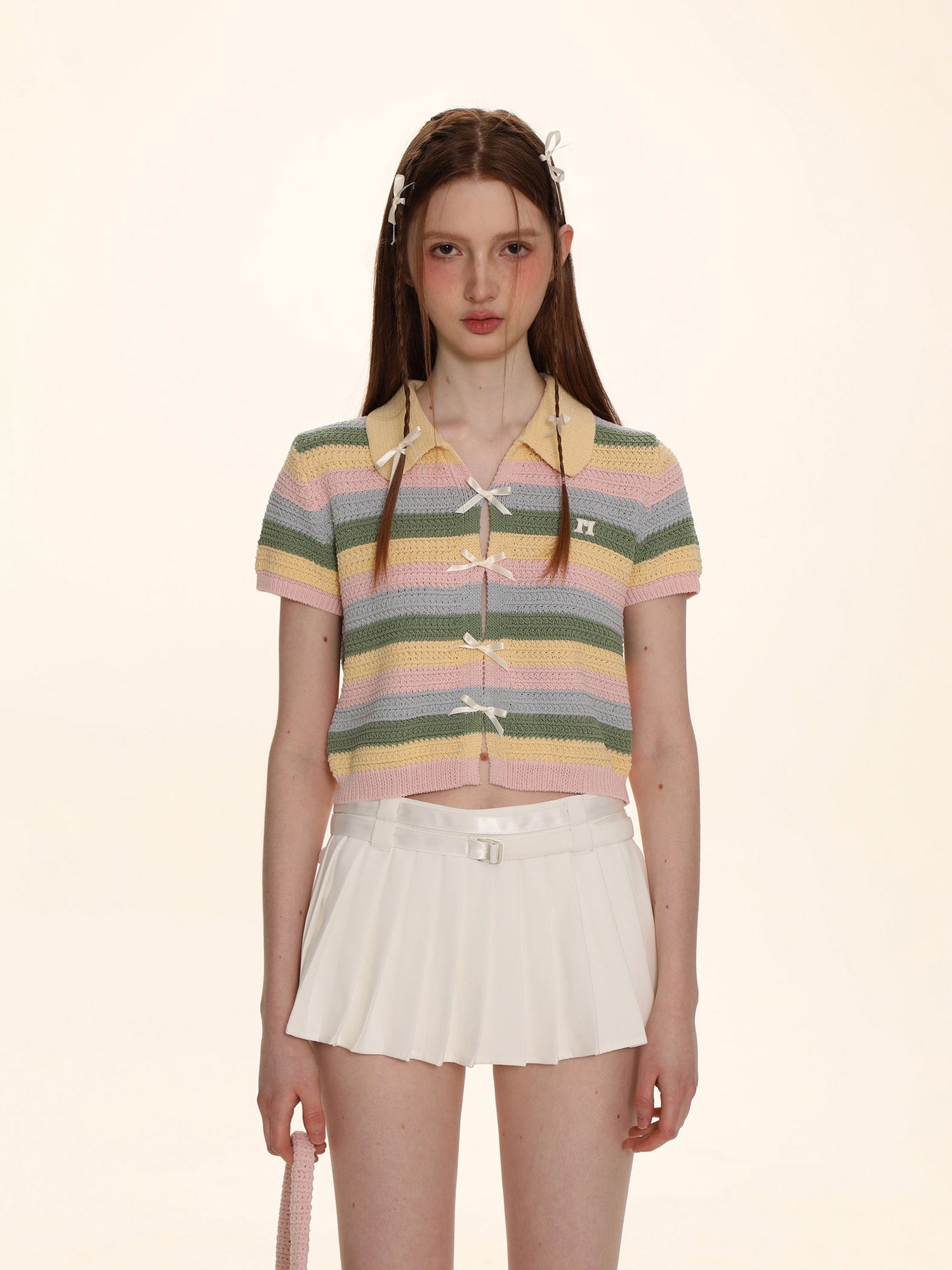 【Clearance Sale】Striped Color Block Ribbon Bow Knit Polo Shirt