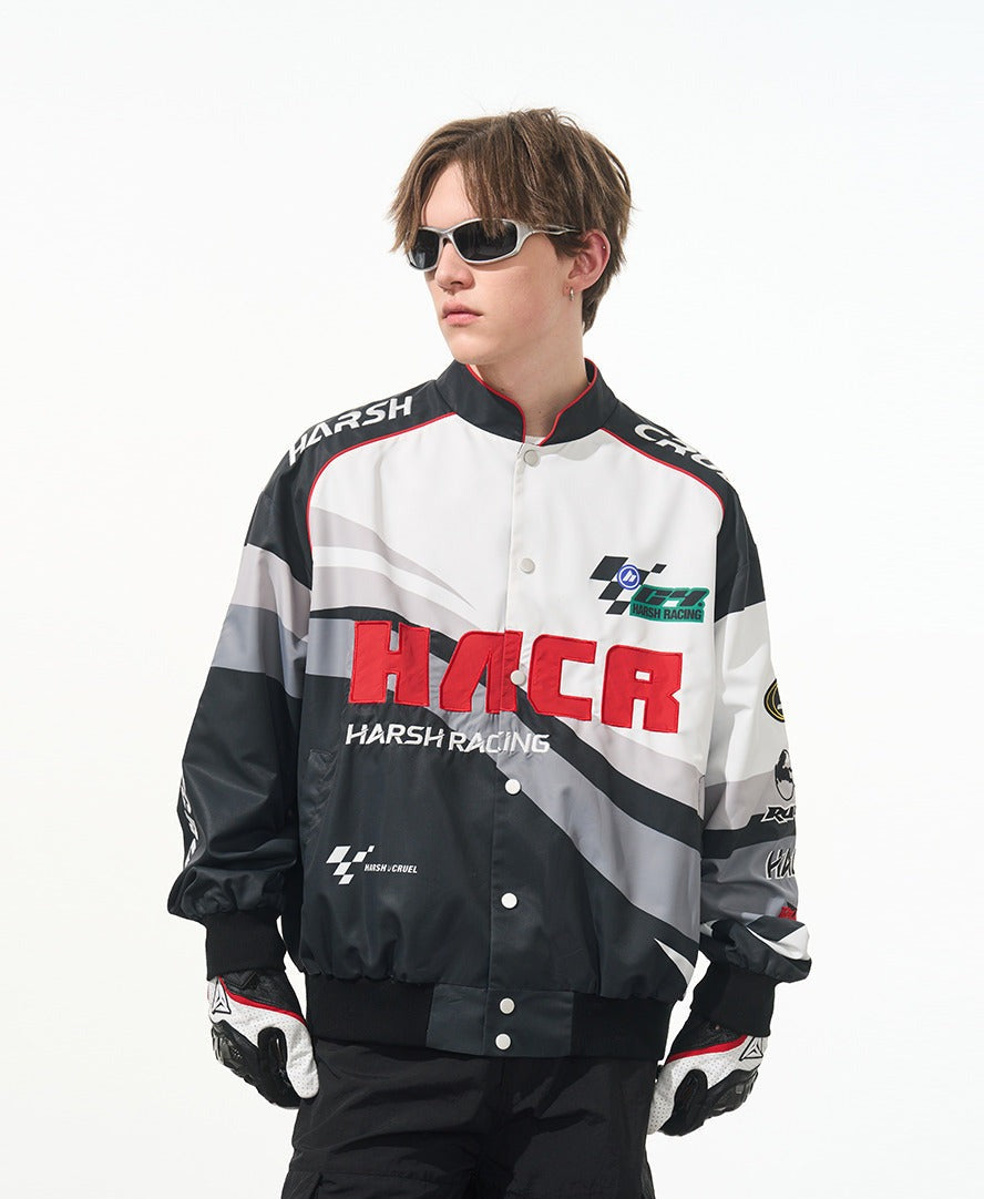 Letter Embroidered Color-Blocked Moto Racing Jacket