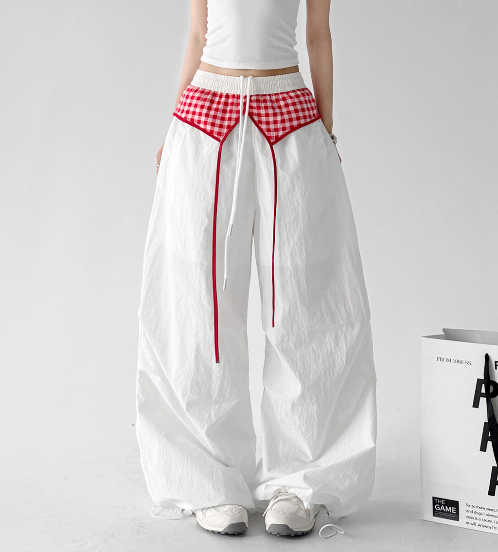 Gingham Layered Wide-Leg Parachute Pants - CT583