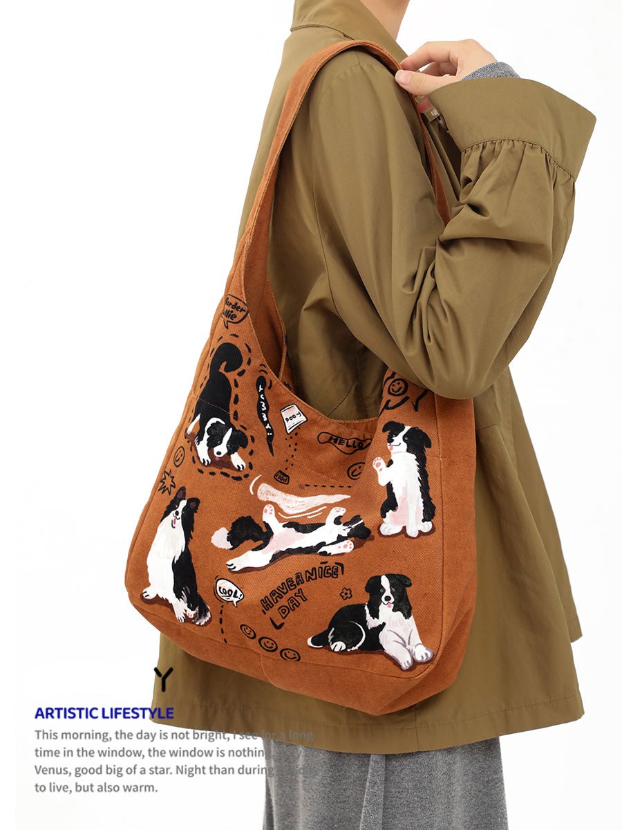 Vintage Cute Dog Print Canvas Tote Bag