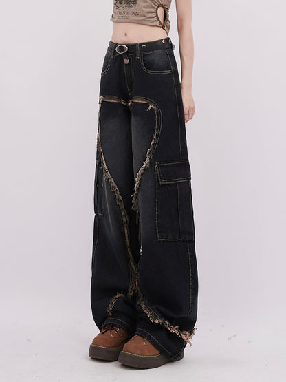 Heart-Shaped Fringe Multi-Pocket Denim