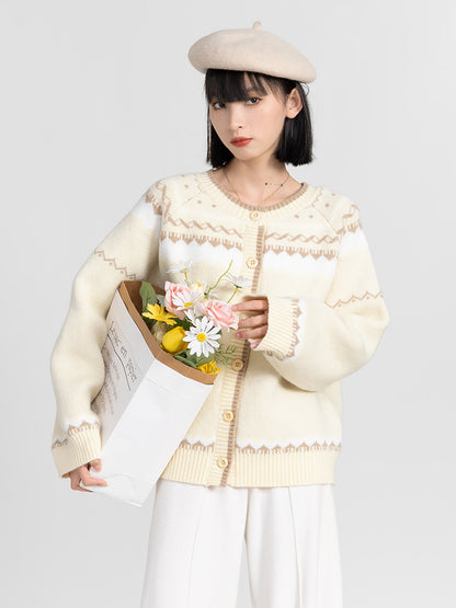 Butter Yellow Fair Isle Pattern Knit Cardigan