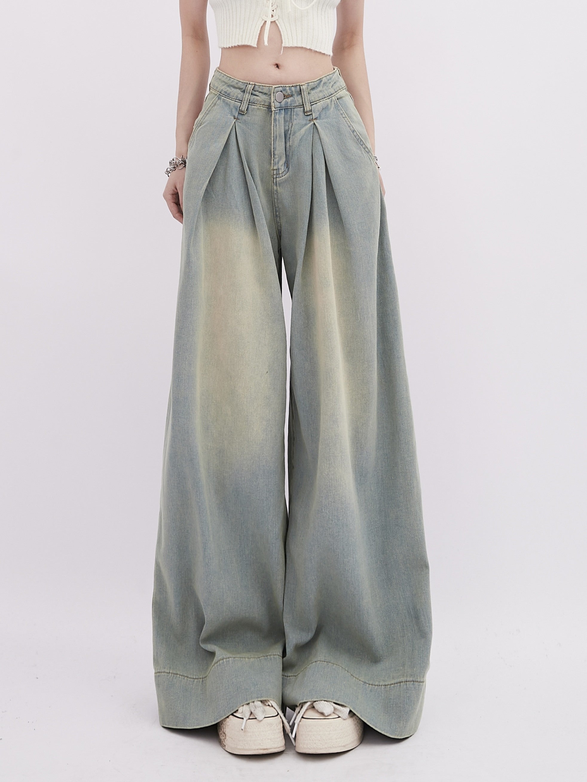 Vintage Pleated Washed Wide-Leg Denim