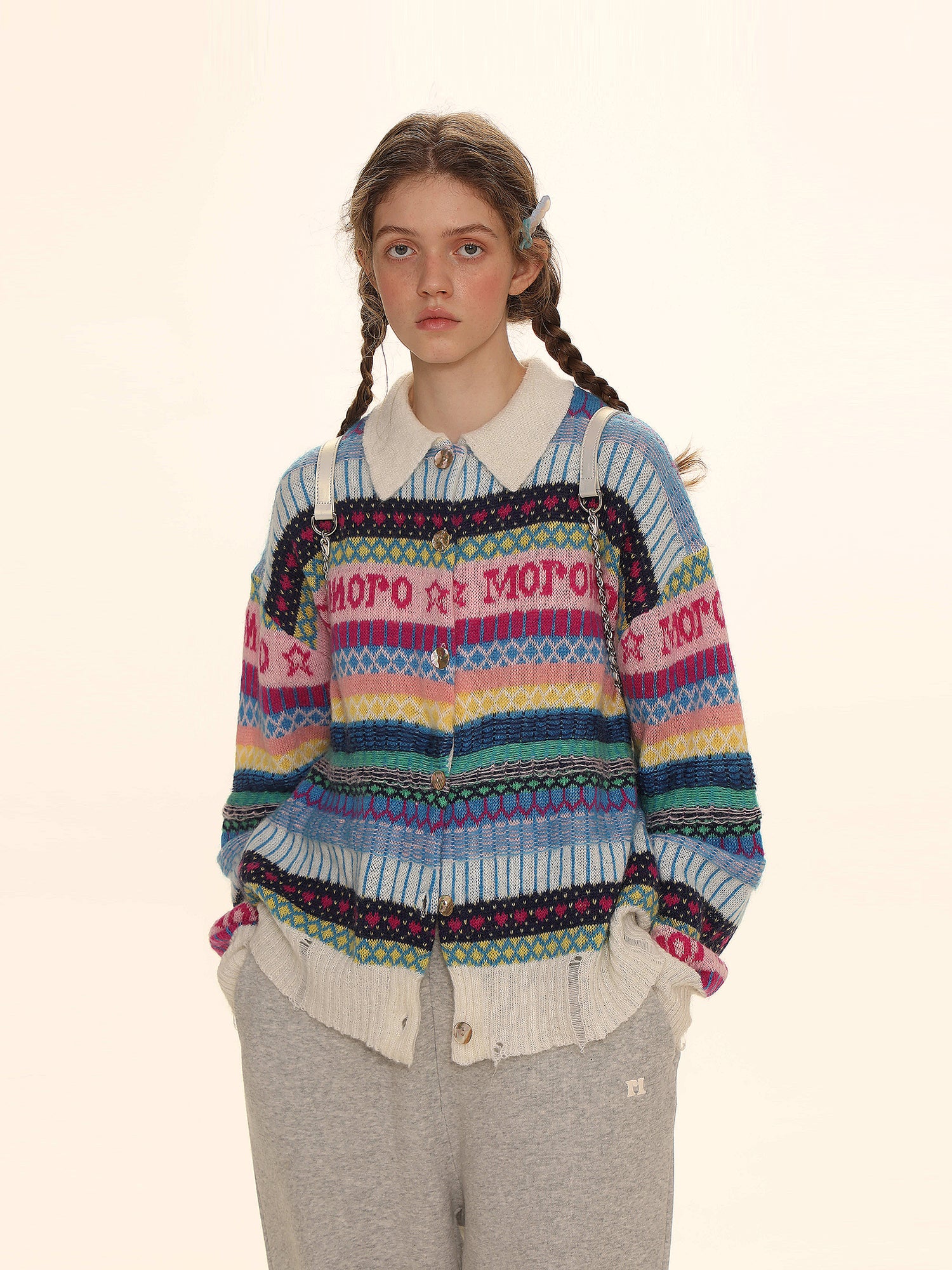 Polo Neck Colorful Stripe Fair Isle Knit Cardigan