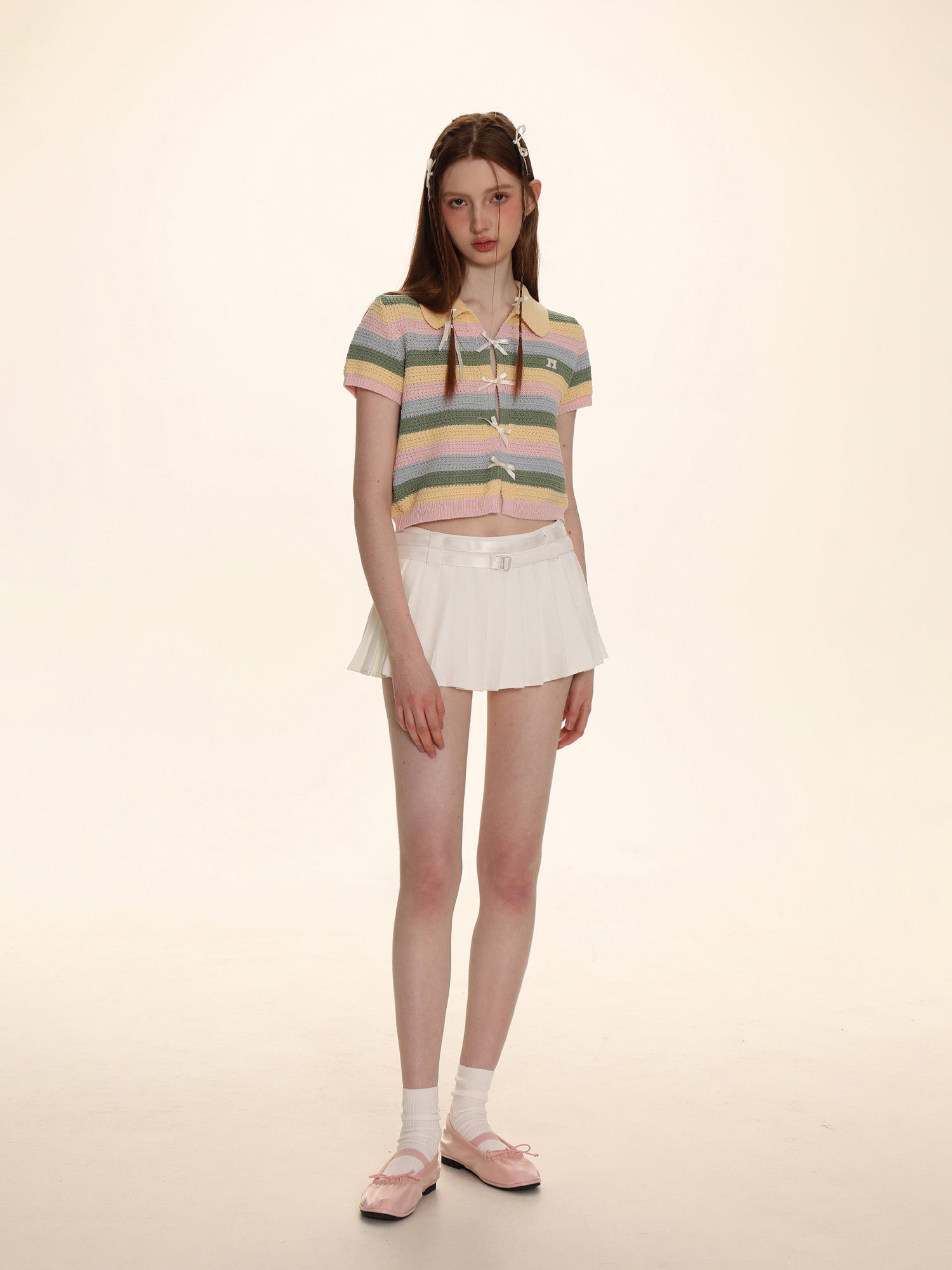 【Clearance Sale】Striped Color Block Ribbon Bow Knit Polo Shirt